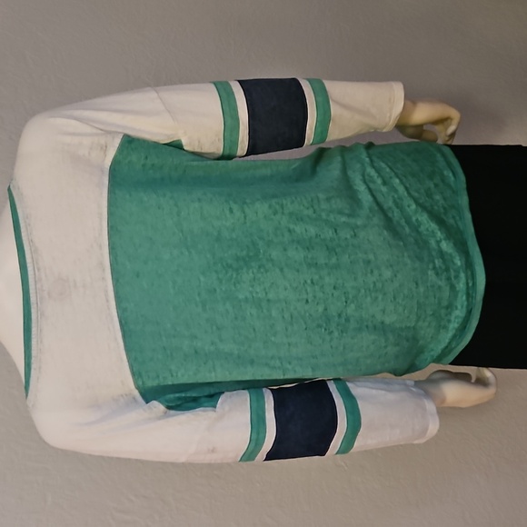 3/$30 SO Green and White Striped Sleeve Relaxed Baseball Tie Waist Burnout Shirt - Picture 5 of 8